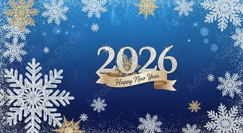 2026 Happy New Year greeting with snowflakes and crown blue background  