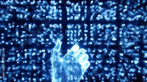 Glowing hand against a background of blue bokeh lights