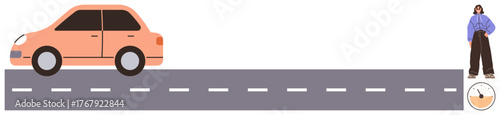 Orange car on a road with dashed lines, person standing in casual clothes next to a clock. Ideal for time management, transportation, punctuality, travel, car service, delay road trip. Simple flat