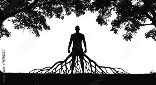 Human rooted in tree silhouette cartoon illustration, symbolic growth and expressive nature connection artwork for design and storytelling