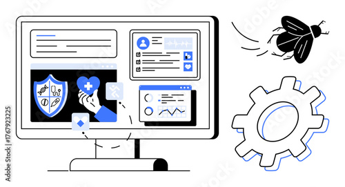Desktop screen displaying health data, shield security, analytics charts, bug icon, and cogwheel. Ideal for cybersecurity, health tech, debugging, risk management analytics efficiency and digital