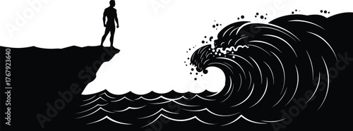 Person facing wave silhouette cartoon illustration, symbolic confrontation and expressive nature power artwork for design and emotion