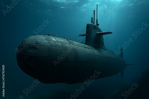 Realistic military submarine underwater in deep ocean – futuristic naval technology concept