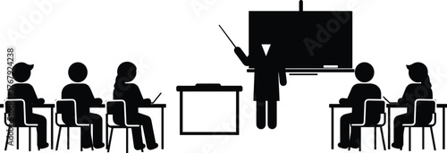 Teacher presenting lesson in classroom silhouette cartoon illustration, symbolic instruction and expressive learning environment artwork for design