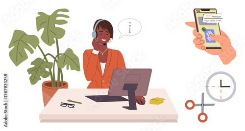 Woman at desk wearing a headset, communicating with information icon, smartphone interaction, clock, and office elements. Ideal for customer support, time management, communication, remote work