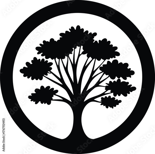 Tree emblem silhouette cartoon illustration, symbolic growth and expressive nature identity artwork for design, branding, and education