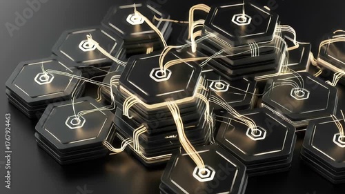 Abstract representation of interconnected hexagonal circuits on a dark surface