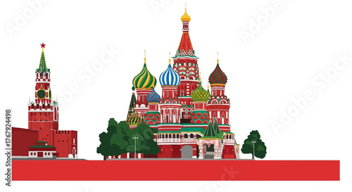 St Basils Cathedral and Spasskaya Tower Moscow Russia.