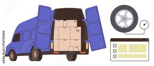 Blue delivery van with open cargo doors revealing boxes, a tire pressure gauge, and a digital checklist. Ideal for logistics, shipping, transportation, delivery, safety, operations efficiency