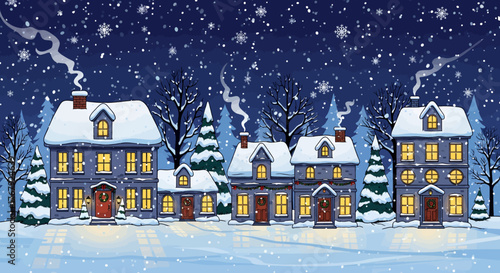 A charming winter village scene with cozy houses covered in snow under a starry night sky during a peaceful Christmas Eve illustration