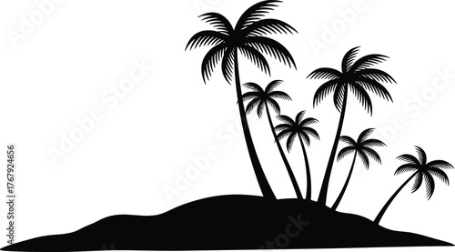 Tropical island with palm trees silhouette cartoon illustration, symbolic tranquility and expressive natural form artwork for design