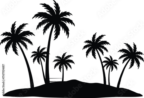 Tropical island with palm trees silhouette cartoon illustration, symbolic relaxation and expressive natural form artwork for design