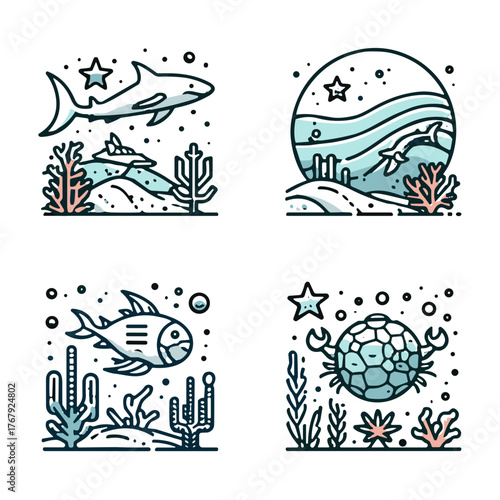 Underwater scene with sharks, turtles, and colorful corals in ocean  