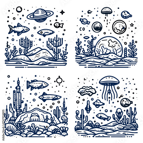 Underwater world with fish, planets, jellyfish, and ocean plants  