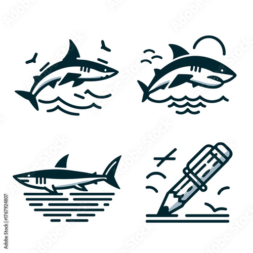 Shark illustrations with pencil drawing elements in ocean setting  