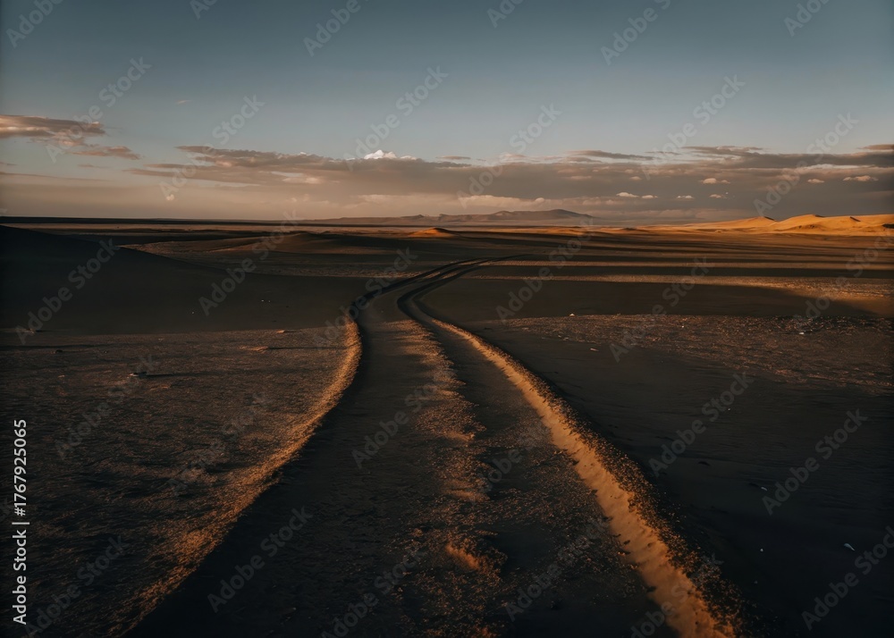 Fototapeta premium Desert landscape with winding path leading towards the horizon at sunset