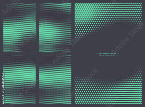 Assorted vector turquoise stylized stars grid halftone pattern set in vertical 2:3 aspect ratio including faded frame and various smooth blurred textures. Varied half tone graphic design elements pack