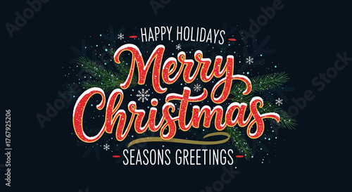 Merry Christmas Festive Holiday Design with Spruce Branches and Snowflakes for Greetings and Celebrations