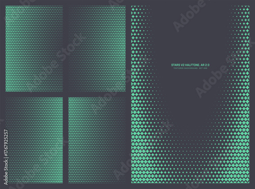 Assorted vector turquoise stylized stars grid halftone pattern set in vertical 2:3 aspect ratio including elliptical frame and various smooth textures. Varied half tone design elements collection
