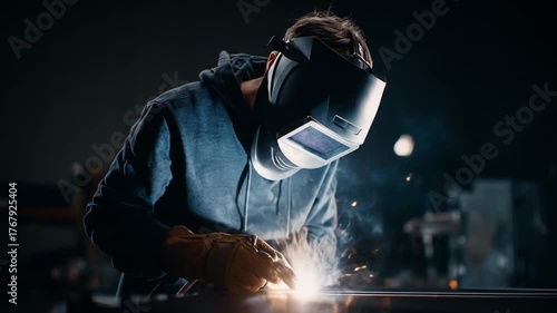 A person with protective gear uses welding equipment creating sparks in a workshop setting