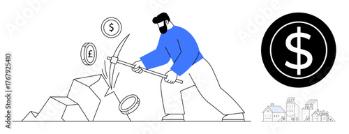 Man using a pickaxe to mine coins from rocks, symbolizing financial efforts. Ideal for savings, investment, financial literacy, wealth creation, economy, growth and modern business. Simple flat