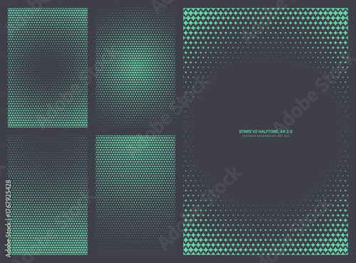 Assorted vector turquoise stylized stars grid halftone pattern set in vertical 2:3 aspect ratio including faded round frame and various radial textures. Varied half tone graphic design elements bundle