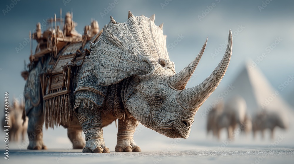 Fototapeta premium Triceratops Caravan: Imaginary Journey Through Desert Sands with Ancient Beasts