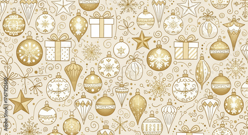 Elegant seamless Christmas pattern with golden holiday ornaments, festive gift boxes, stars, and snowflakes on a light background, perfect for seasonal designs