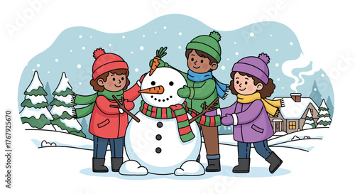 Three diverse children joyfully building a snowman in a snowy winter landscape, surrounded by trees and a cozy house