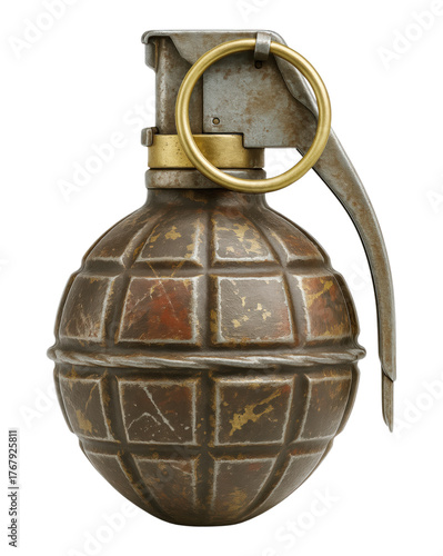 Vintage Rusty Pineapple Fragmentation Hand Grenade with Safety Pin and Lever in Realistic 3D Render, Isolated on Transparent and White Background