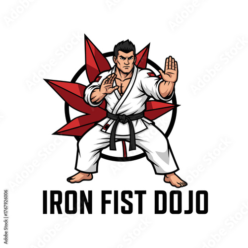 A martial artist in a white uniform, black belt, stance, with a red star and ring behind