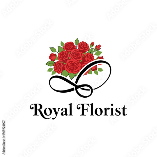 A floral logo featuring a cluster of red roses with green leaves, a black flourish, and text