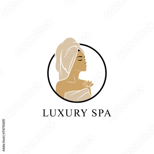 Spa logo featuring an elegant woman, wrapped in a towel, with closed eyes and a lotus