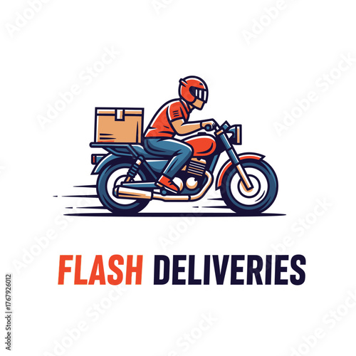 A motorcycle courier illustration, carrying a box, with a helmet and a flash delivery