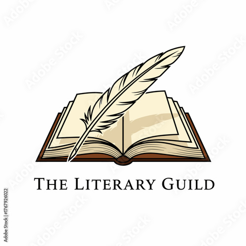 Open book with a feather quill. The image symbolizes writing, reading, education, and literature