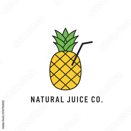 A yellow pineapple illustration with green crown and a black straw, with text "Natural Juice Co." below