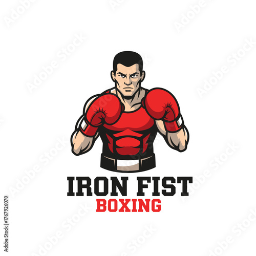 A muscular boxer in red boxing gear with black hair, ready for a match, in a determined stance