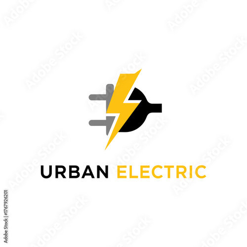 A logo design depicts a black and grey plug with a yellow lightning bolt, and text below