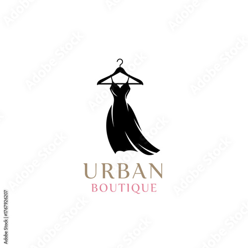 A stylish black dress, silhouetted on a hanger, below two-toned text urban and boutique