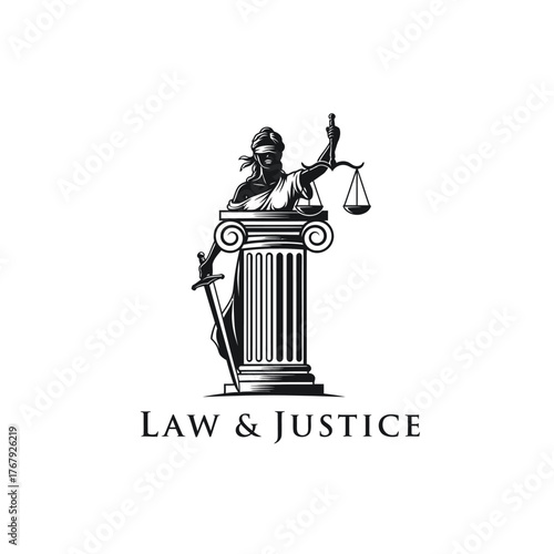 A grayscale depiction of blindfolded justice holding scales and a sword next to a pillar