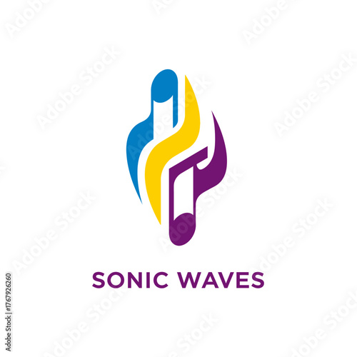 Colorful logo featuring abstract musical notes with a wavy design, and the text "SONIC WAVES" below