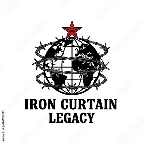 A globe wrapped in barbed wire, topped with a red star and bold text below