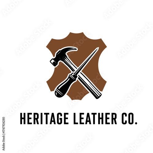 A logo featuring tools on a leather hide, illustrating a crafting process