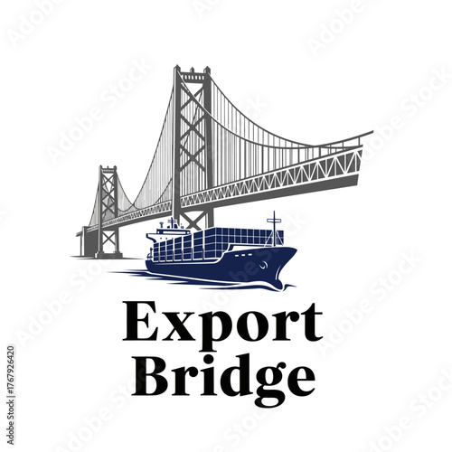 A bridge illustration over a cargo ship, with text below the ship