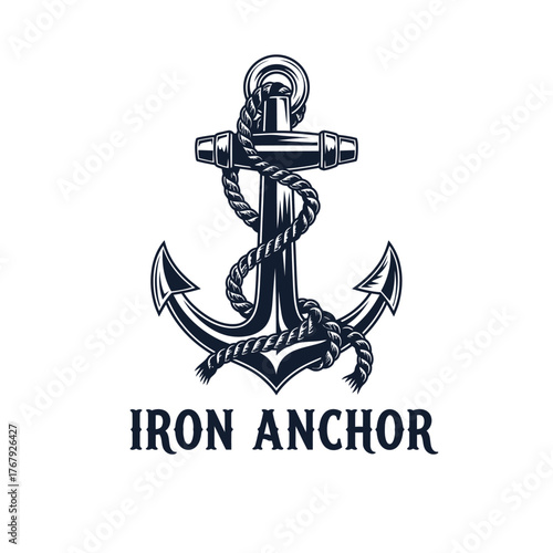 A detailed image of a nautical anchor design. The iron anchor is wrapped with rope and has a clean design