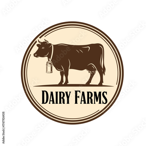 A bovine graphic within a circle, representing a farming business. Includes text at bottom