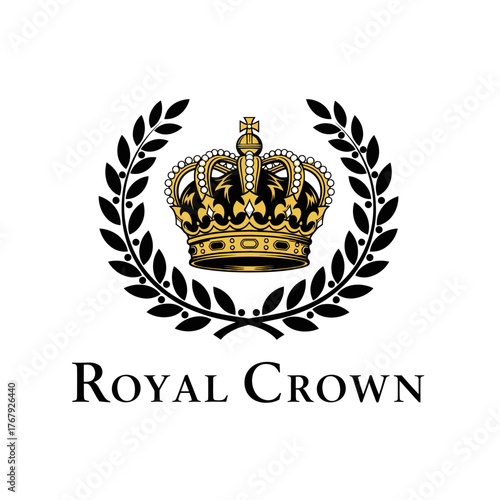 A regal symbol Golden crown with intricate details, enclosed within a laurel wreath, atop text
