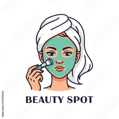 A woman with a face mask, towel, and brush. Text "BEAUTY SPOT" appears below