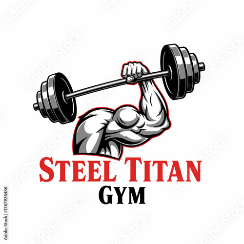 A weightlifter's arm depicted in detail, holding a barbell, accompanied by the word "GYM