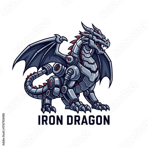 A robotic dragon with metal armor, wings, and a red spine. It is in a menacing pose